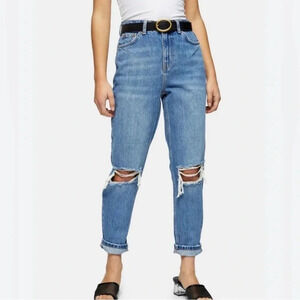 Topshop | Double Ripped Mom Jeans in Mid Medium Blue Wash | size 34 x 28